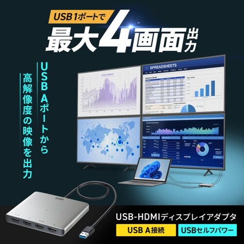USB−HDMIディスプレイアダプタ(4画面出力)