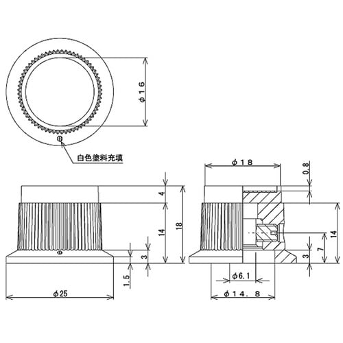 つまみ Φ25 黒 指示線あり シャフト