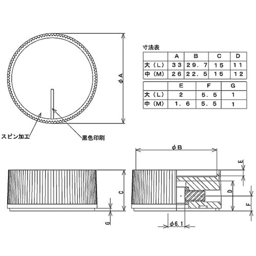 つまみ Φ26 黒 シルバー 指示線:黒