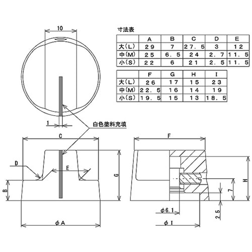 つまみ Φ25 黒 シャフト径Φ6用 K