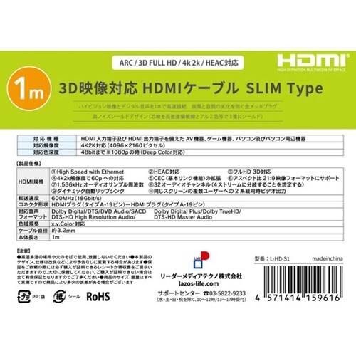 HDMIケーブル(スリムタイプ、1m)