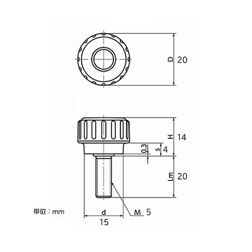 M5x20mm 雄ねじディンプルノブ E