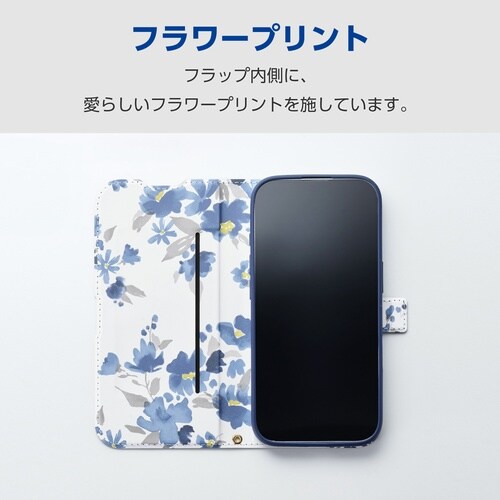 iPhone17 手帳型ケース フラワー ネイビー
