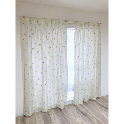 レースカーテン リーフ柄 UVカット グリーン