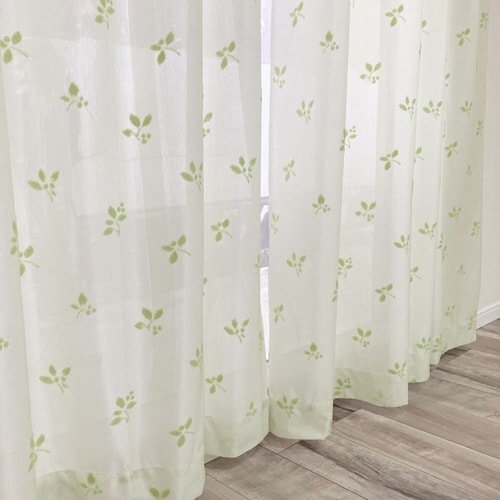 レースカーテン リーフ柄 UVカット グリーン