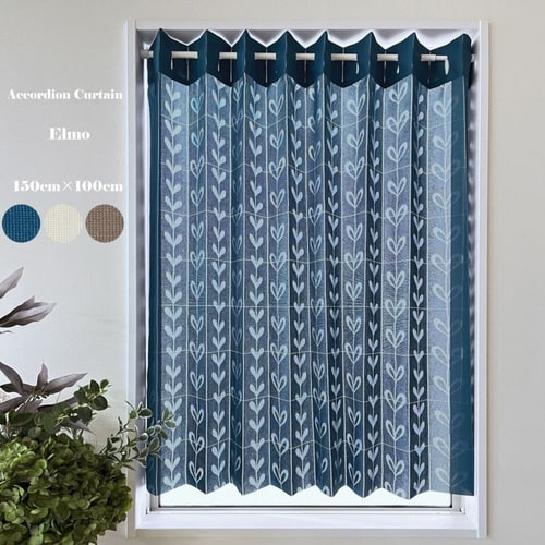 アコーディオンカーテン リーフ柄 ネイビー
