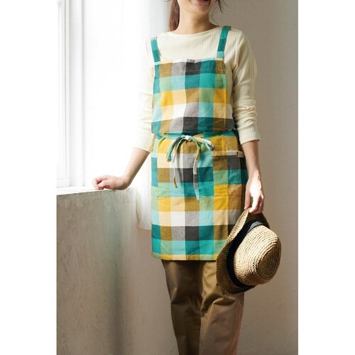 エプロン チェック柄 クロエ 綿100% グリーン