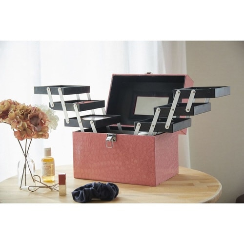 コスメボックス レザー調 トレイ付き ピンク