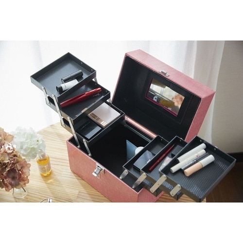 コスメボックス レザー調 トレイ付き ピンク