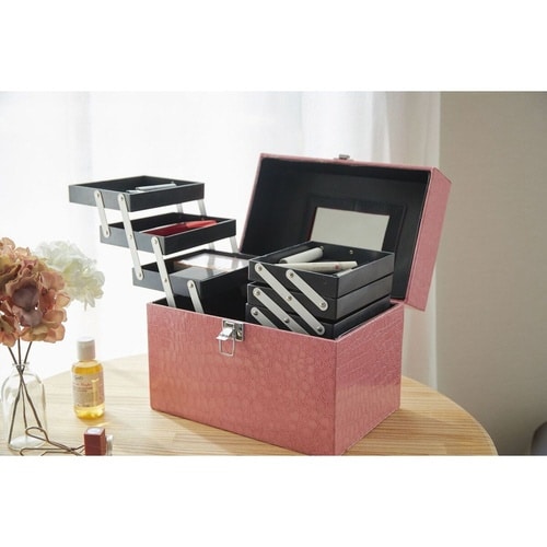 コスメボックス レザー調 トレイ付き ピンク