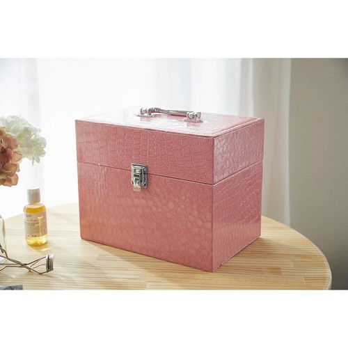 コスメボックス レザー調 トレイ付き ピンク
