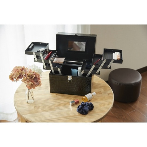 コスメボックス レザー調 トレイ付き ブラック