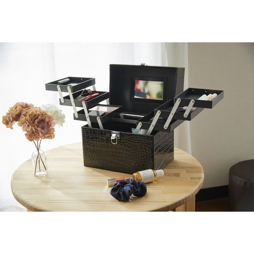 コスメボックス レザー調 トレイ付き ブラック