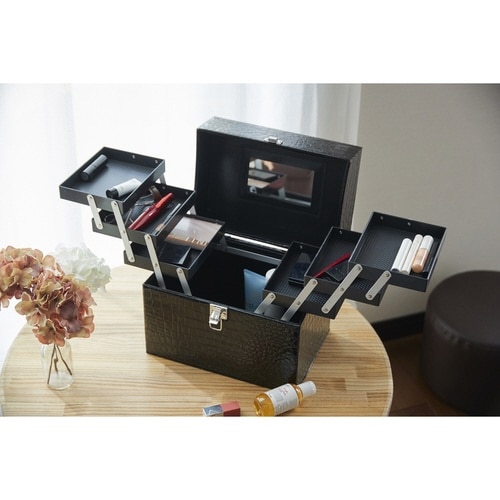 コスメボックス レザー調 トレイ付き ブラック