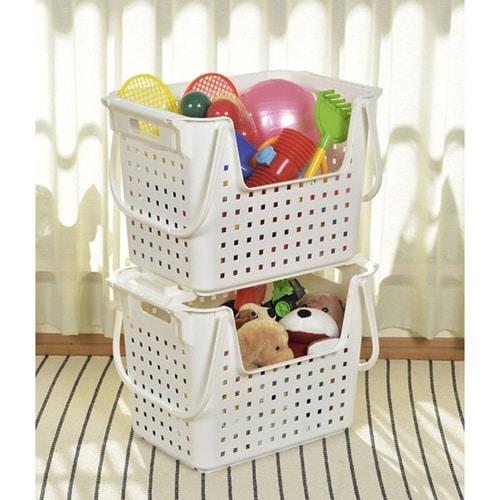 バスケット 積み重ねワイドバスケット ホワイト