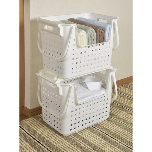 バスケット 積み重ねワイドバスケット ホワイト
