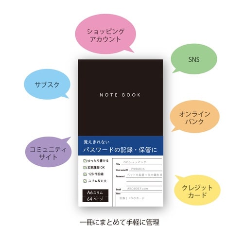 パスワードノート/A6スリム32枚BK×10