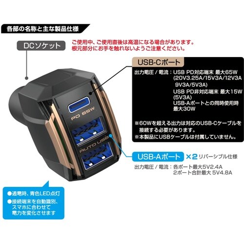 車載用USB電源DC−65W USB 3