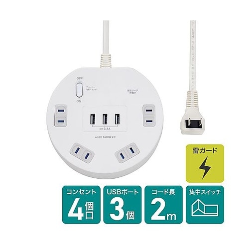 耐雷丸形 4P 2m USBタップ WL
