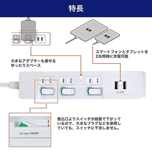 ランプレスSW付USBタップ WLS−E