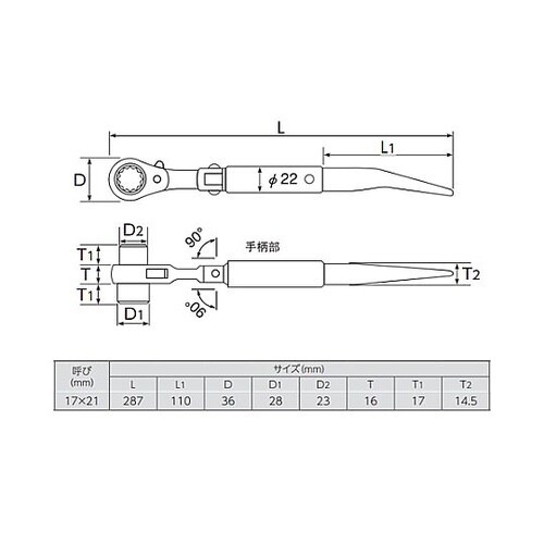 17x21mm/287mm 両口ラチェッ