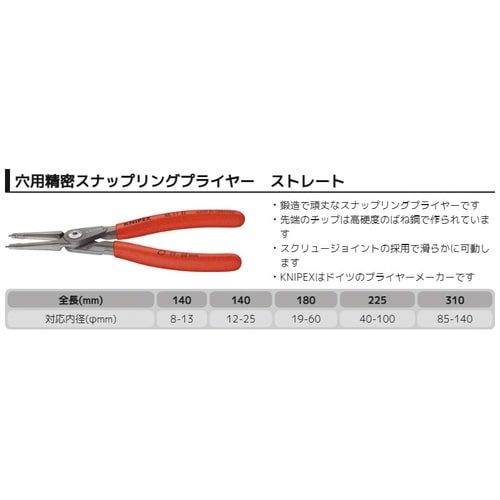 穴精密スナップリングプライヤー 直 φ12−25