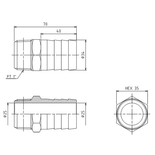 R 1” x34.0mm 雄ねじステム