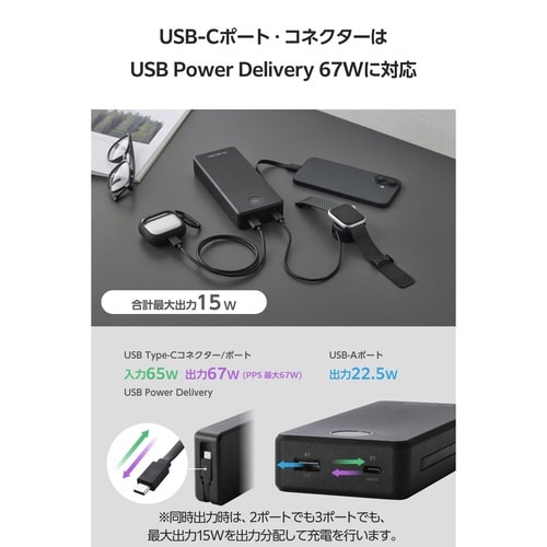 モバイルバッテリー20000mAh 残量表示 黒