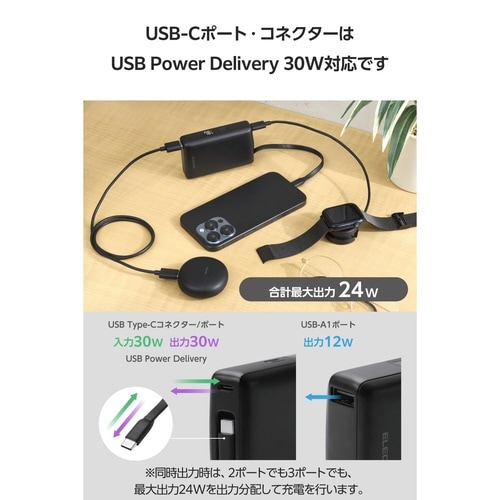 モバイルバッテリー10000mAh 一体型 黒