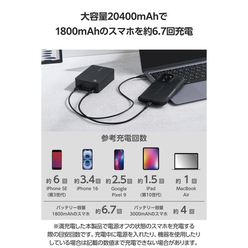 モバイルバッテリー20400mAh 残量表示 黒
