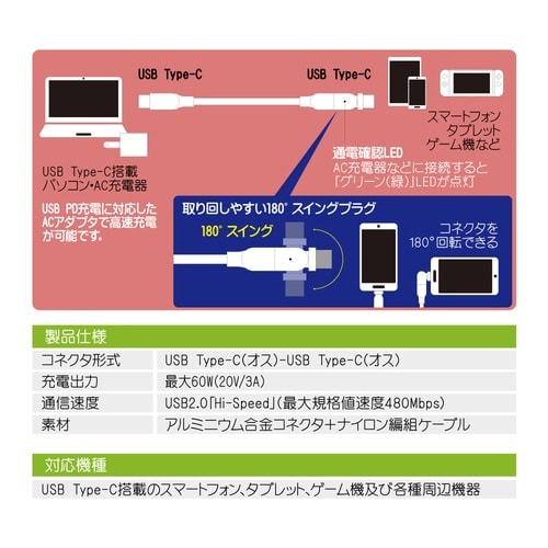 TypeCケーブルPD対応 ブルー 1m