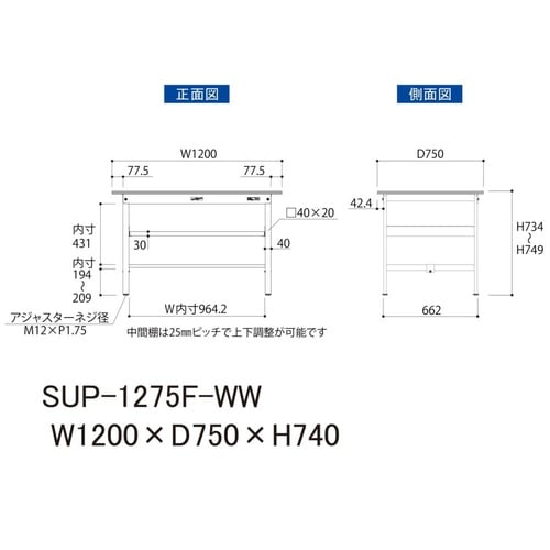 軽量作業台中棚付SUP−1275F−WW