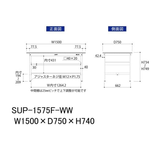 軽量作業台中棚付SUP−1575F−WW