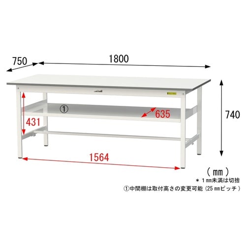 軽量作業台中棚付SUP−1875F−WW