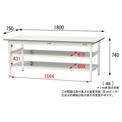 軽量作業台中棚付SUP−1875TTF−WW