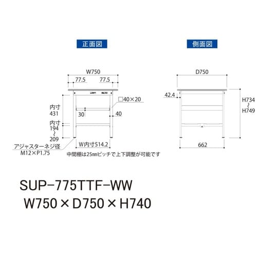 軽量作業台中棚付SUP−775TTF−WW