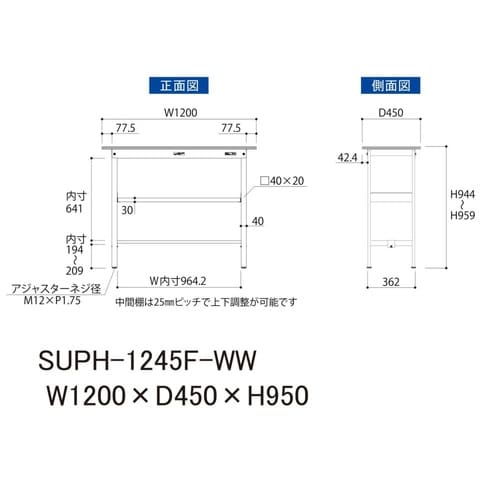 軽量作業台中棚付SUPH−1245F−WW