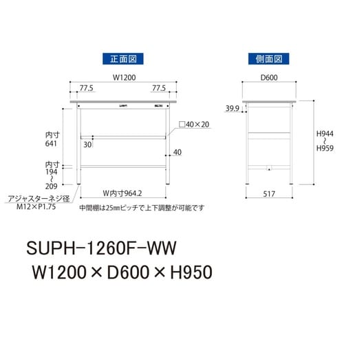 軽量作業台中棚付SUPH−1260F−WW