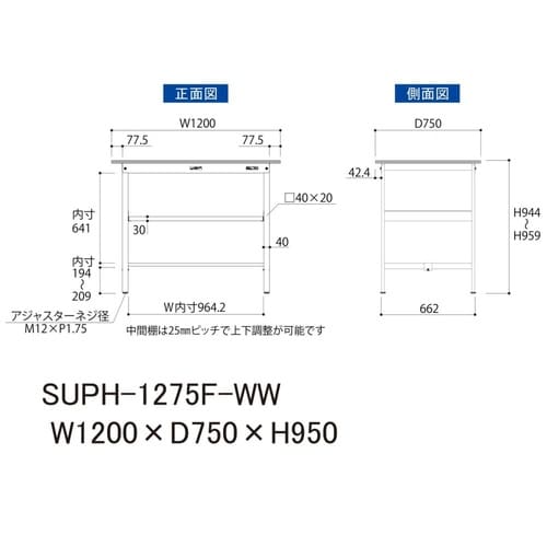 軽量作業台中棚付SUPH−1275F−WW