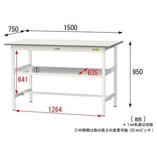 軽量作業台中棚付SUPH−1575F−WW