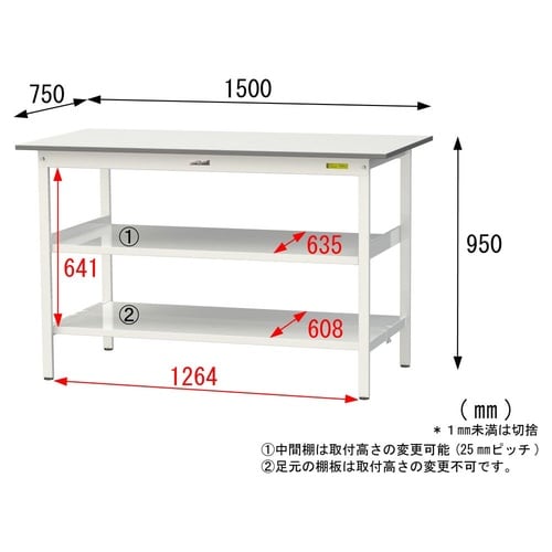 軽量作業台中棚付SUPH−1575TTF−WW