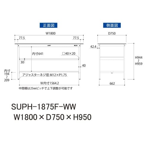 軽量作業台中棚付SUPH−1875F−WW