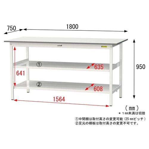 軽量作業台中棚付SUPH−1875TTF−WW