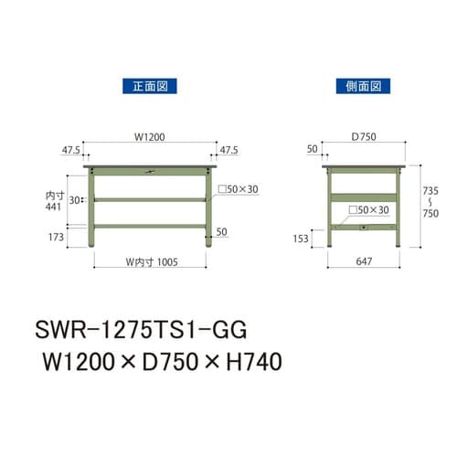 軽量作業台中棚付SWR−1275TS1−GG