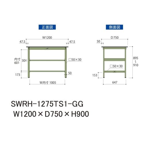 軽量作業台中棚付SWRH−1275TS1−GG