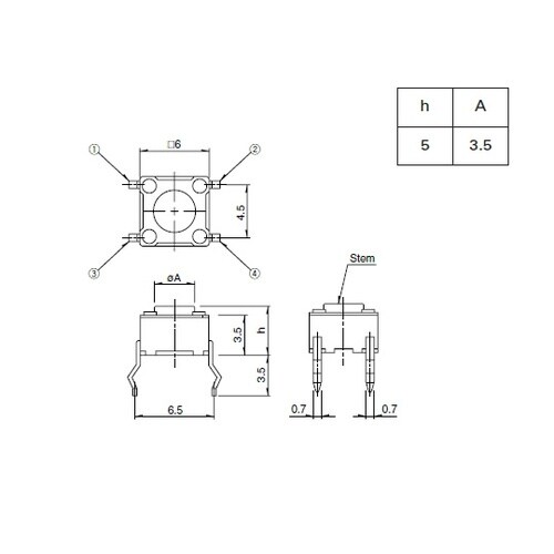 6mm角タクトスイッチ(ステム高さ:5m