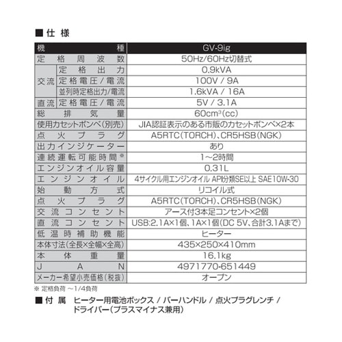インバーター発電機 0.9KVA GV−