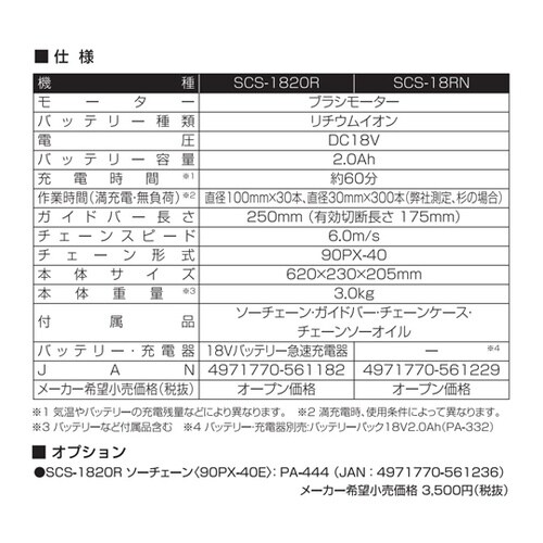 充電式チェンソー 18V 2.0Ah ス