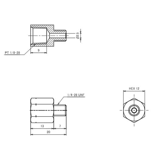 UNF 1/4”xRc 1/8” 中間ニ