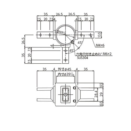 SUS304 長角パイプ用三方継手 1.